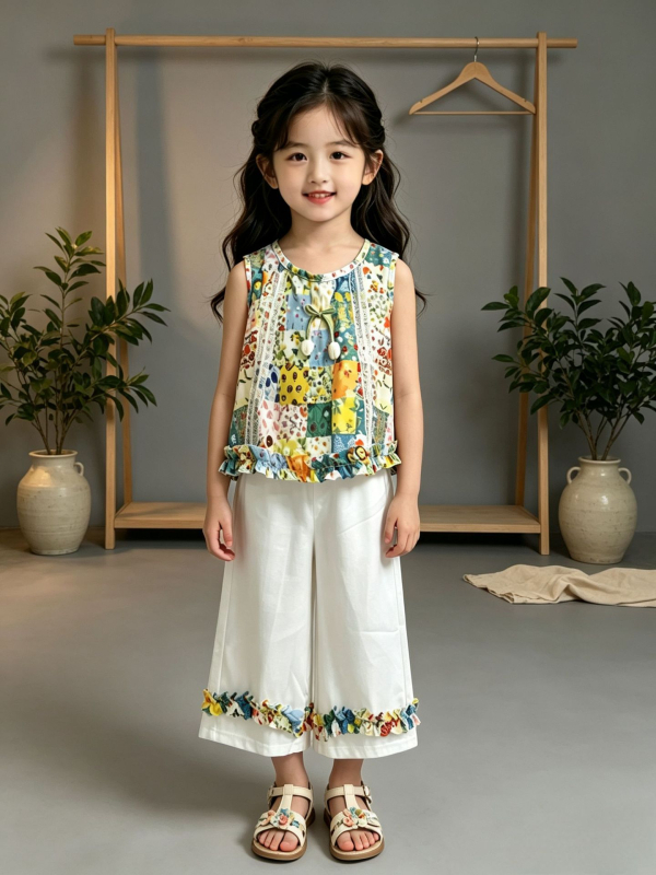 Set fetiță: top fără mâneci floral și pantaloni capri – vară 2026