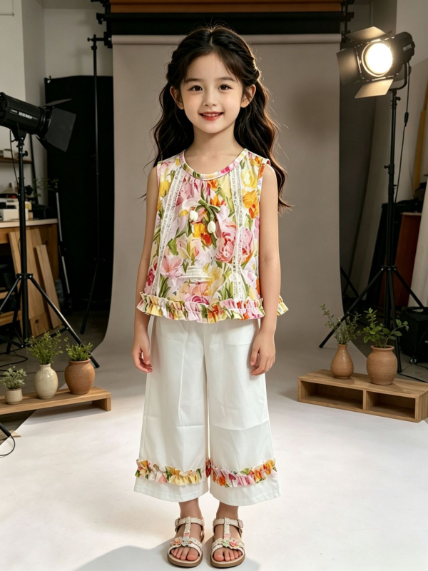 Set fetiță: top fără mâneci floral și pantaloni capri – vară 2026