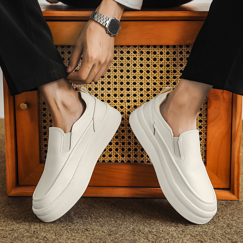 Pantofi sport pentru bărbați, talpă groasă, stil loafer, pantofi albi cu creștere ascunsă