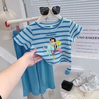 Set din două piese pentru fetițe cu dungi, tricou cu mânecă scurtă, imprimeu desen animat, material ușor și răcoros, pantaloni cu croială largă, vară 2026