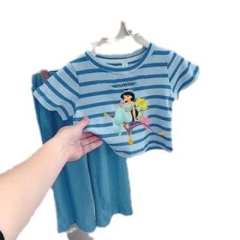 Set din două piese pentru fetițe cu dungi, tricou cu mânecă scurtă, imprimeu desen animat, material ușor și răcoros, pantaloni cu croială largă, vară 2026
