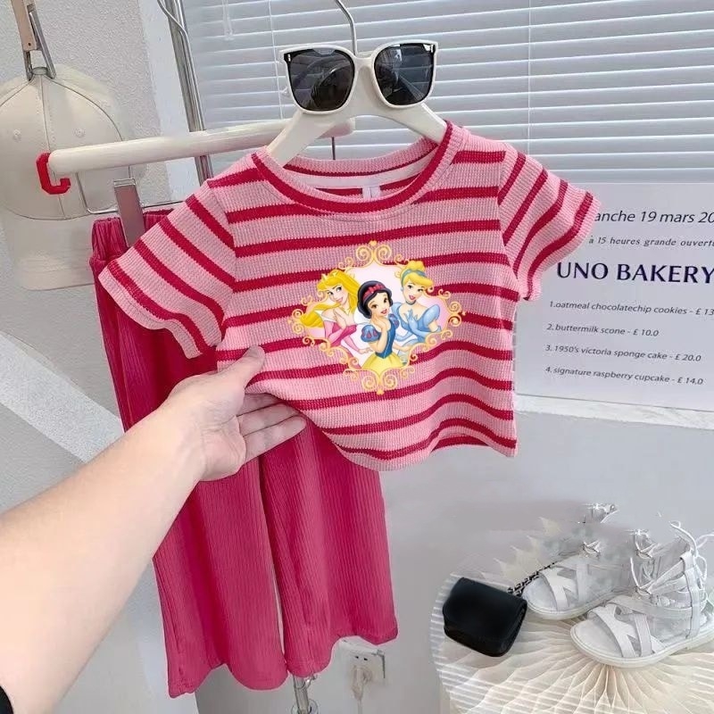 Set din două piese pentru fetițe cu dungi, tricou cu mânecă scurtă, imprimeu desen animat, material ușor și răcoros, pantaloni cu croială largă, vară 2026