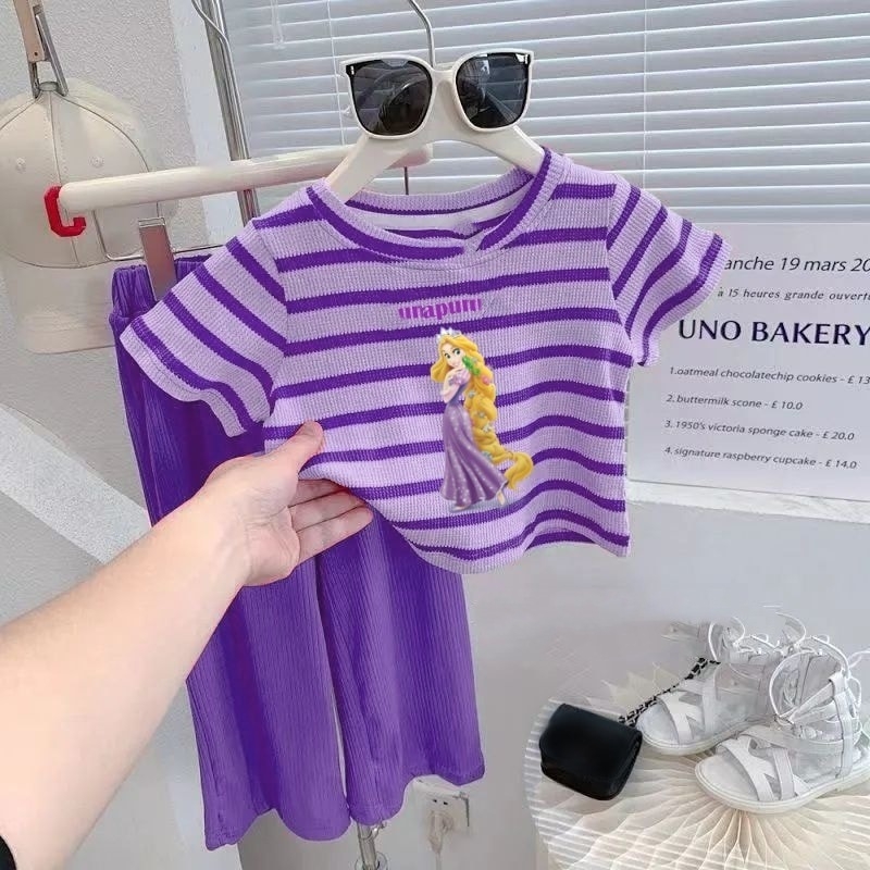 Set din două piese pentru fetițe cu dungi, tricou cu mânecă scurtă, imprimeu desen animat, material ușor și răcoros, pantaloni cu croială largă, vară 2026