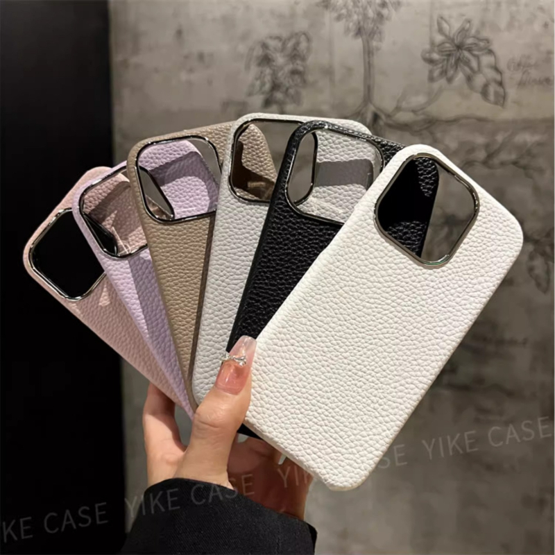 Husă iPhone din piele lychee, culoare solidă, minimalistă, antișoc