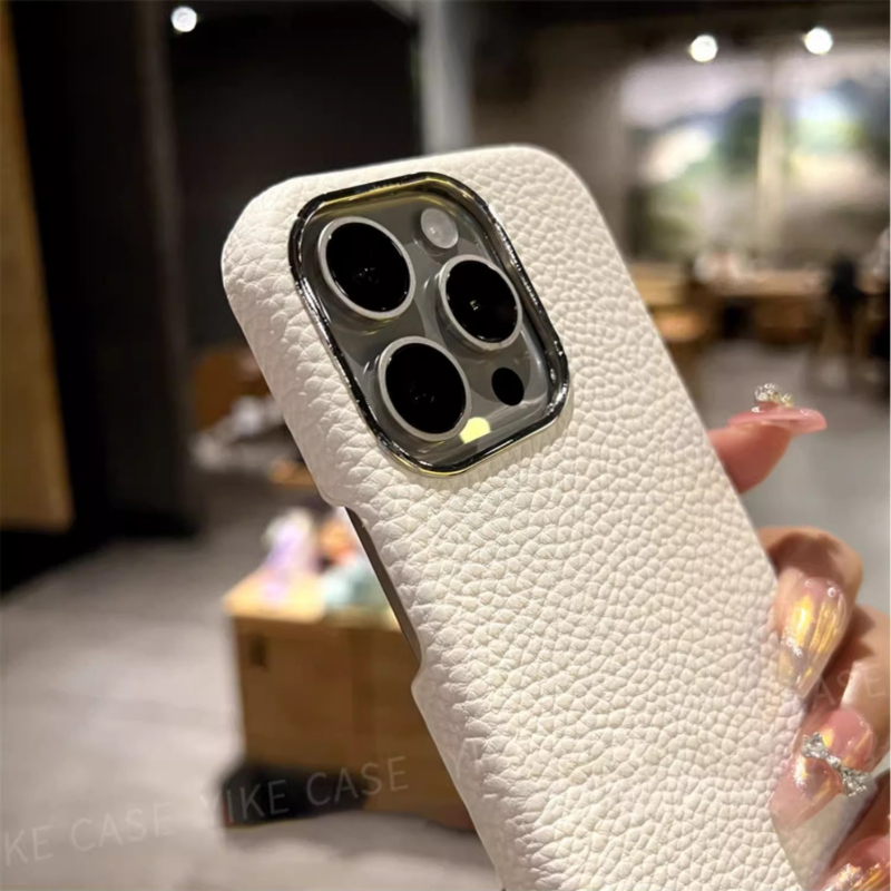 Husă iPhone din piele lychee, culoare solidă, minimalistă, antișoc