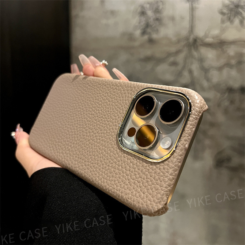 Husă iPhone din piele lychee, culoare solidă, minimalistă, antișoc