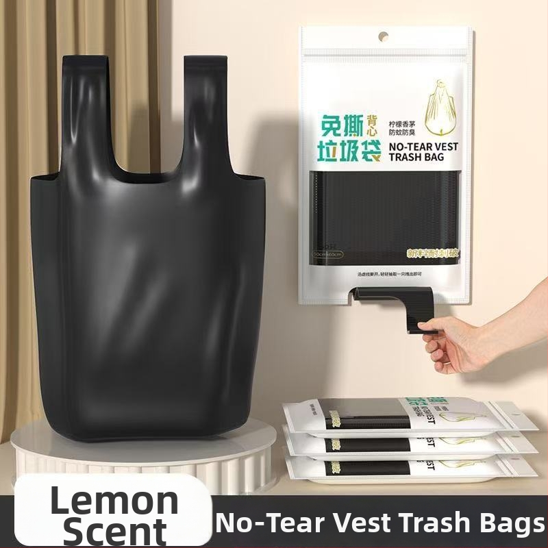 Saci de gunoi în stil vestă pentru uz casnic, groși, negri, mari, pentru bucătărie, cu parfum lemongrass, fără rupturi, cu șnur de strângere