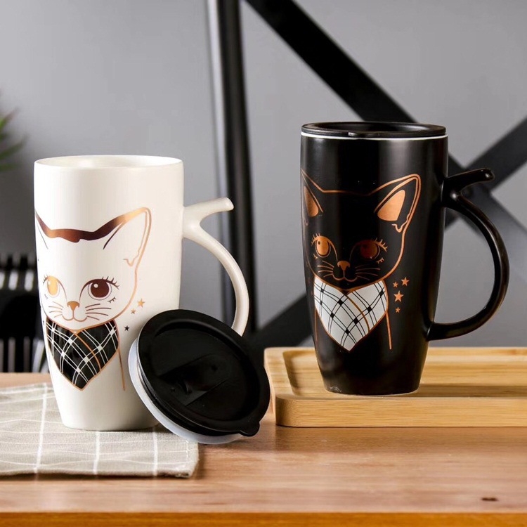Ceașcă ceramică creativă, capacitate mare, etanșă la scurgeri, negru și alb cu accente aurii, temă pisică extraterestră, cană de băut