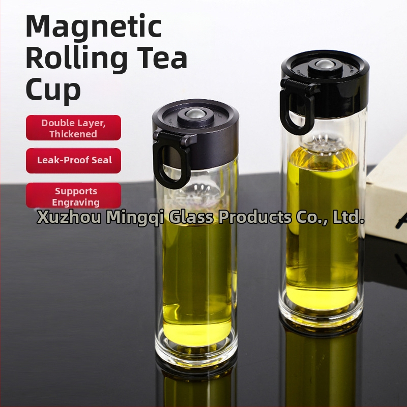 Cană magnetică pentru ceai cu infuzor și separare ceai-apă, sticlă borosilicat, pereți dubli, rezistentă la temperaturi ridicate, cu capac