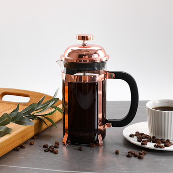 Cafetieră French Press electroplacată cu ramă din oțel inoxidabil, sticlă borosilicată, roz-auriu, 350 ml
