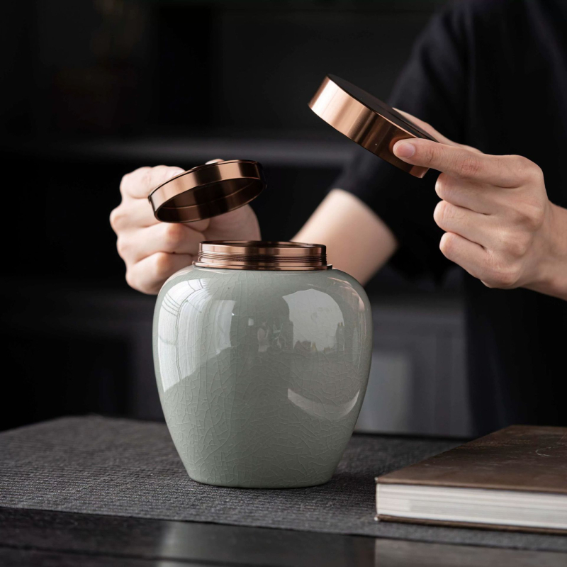 Cutie cadou pentru ceai într-o cutie din lemn, borcan ceramic Ru kiln cu filet, potrivit pentru ceai negru, ceai verde și Pu'er