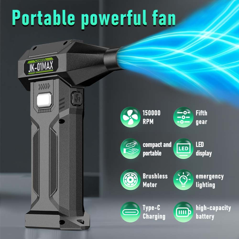 Ventilator portabil, puternic, cu funcție de eliminare a prafului și suflator de zăpadă, baterie încorporată de 6000mAh, afișaj LED și lumină de urgență.