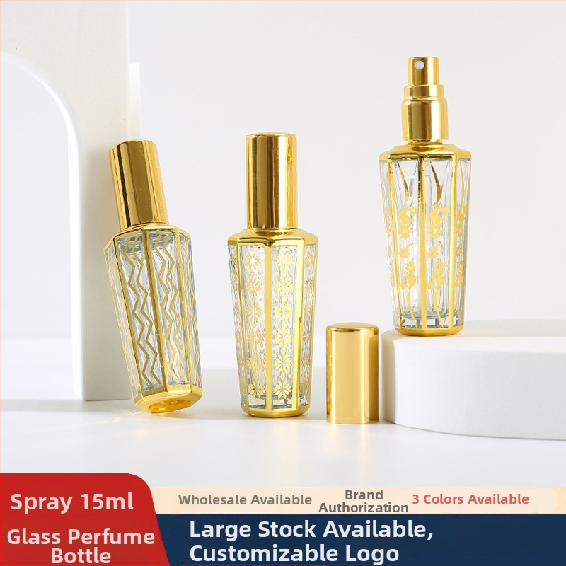 Recipient parfum din sticlă placat cu aur, pulverizator 15 ml
