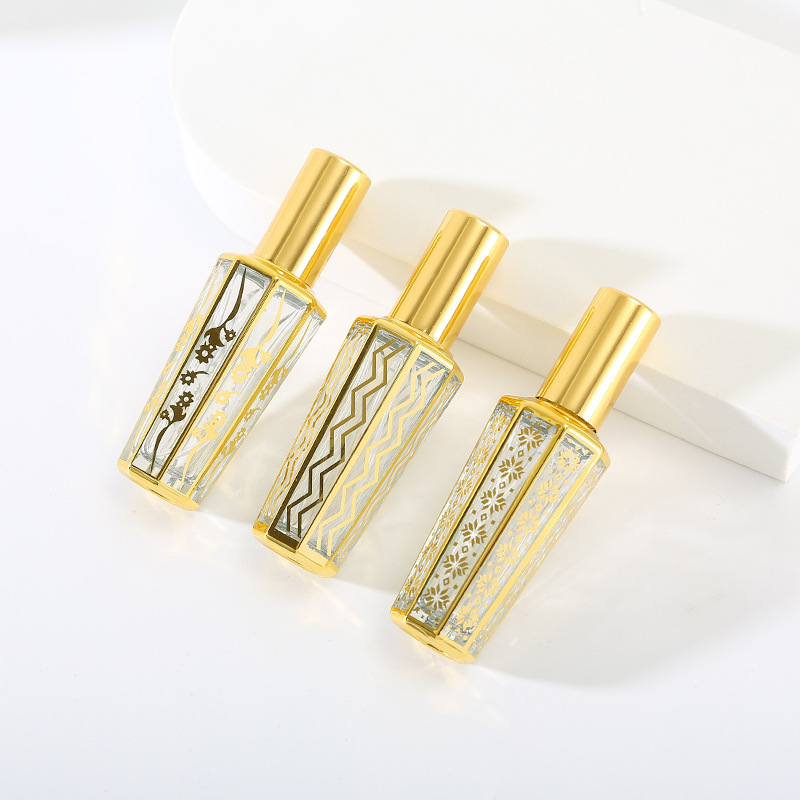 Recipient parfum din sticlă placat cu aur, pulverizator 15 ml