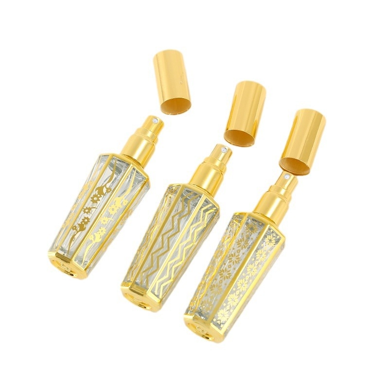 Recipient parfum din sticlă placat cu aur, pulverizator 15 ml