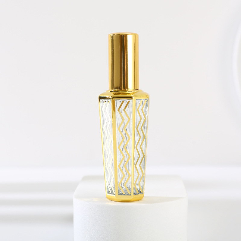 Recipient parfum din sticlă placat cu aur, pulverizator 15 ml