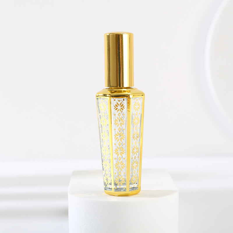 Recipient parfum din sticlă placat cu aur, pulverizator 15 ml