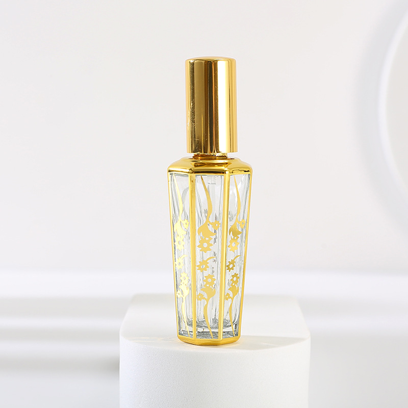 Recipient parfum din sticlă placat cu aur, pulverizator 15 ml
