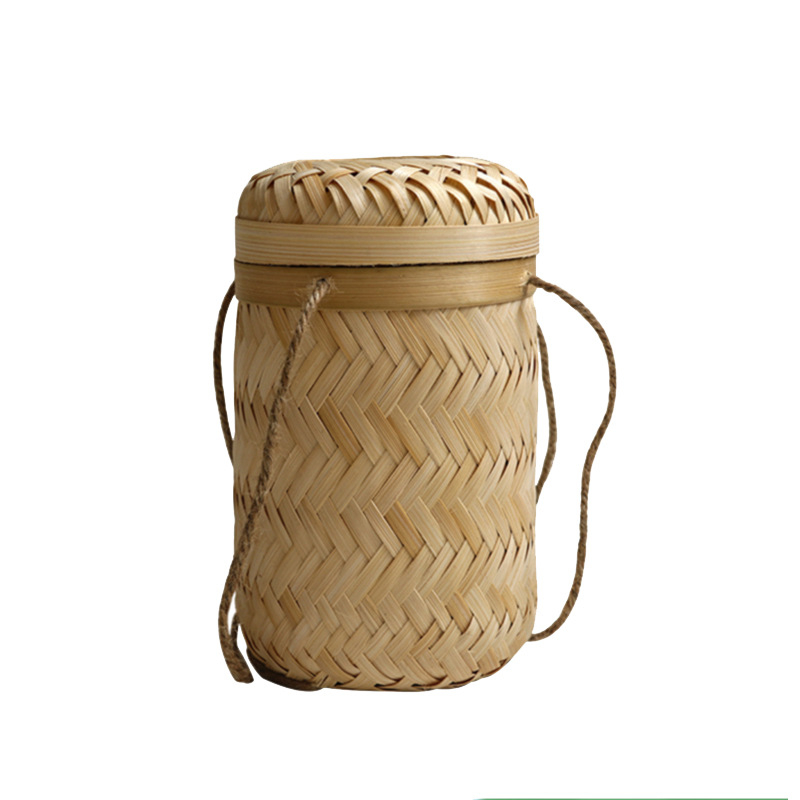 Cutie rotundă împletită din bambus cu capac, pentru ceai, mooncakes și rulouri de orez