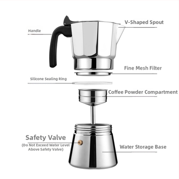 Cafetieră moka octogonală din oțel inoxidabil, clasică, pentru uz casnic, stil italian, cafea espresso preparată manual