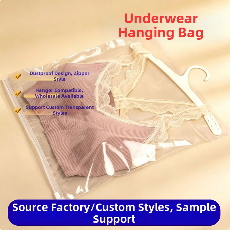 Sac de depozitare pentru lenjerie feminină, cu cârlig pentru agățat și fermoar, material PE, ambalaj transparent