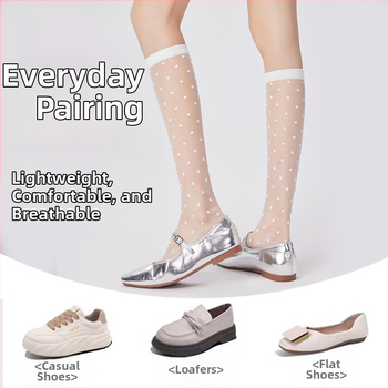 Șosete până la gambe pentru femei, vară, respirabile, stil colegiu, model cu buline, culoare solidă, din bumbac