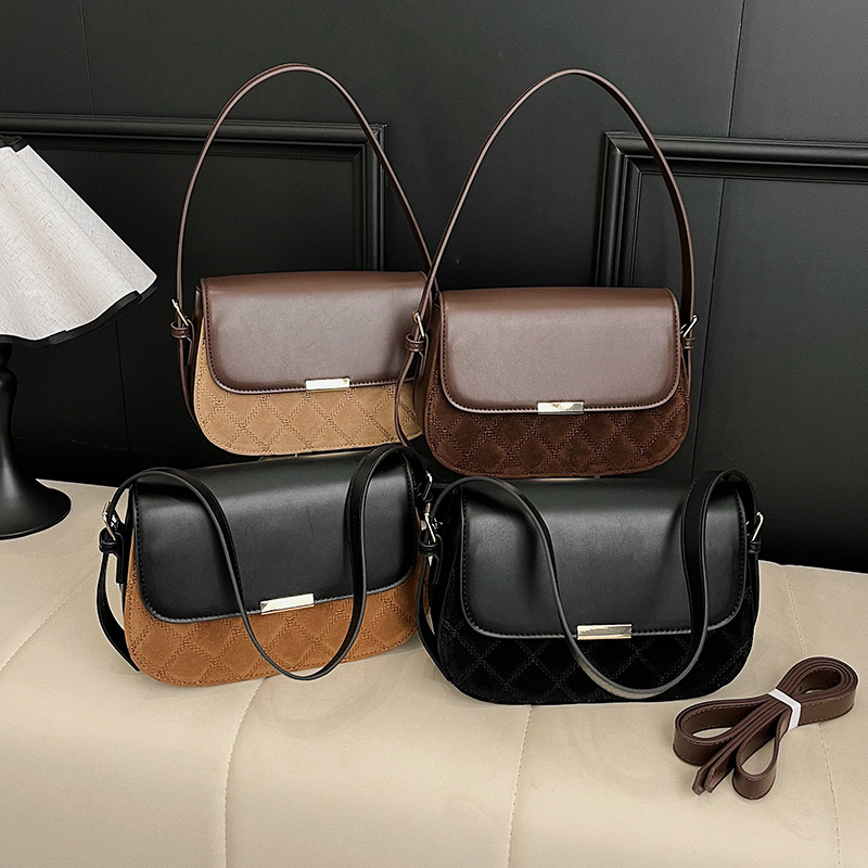 Geantă de damă pentru toamnă-iarnă, crossbody, cu quilting brodat, stil retro saddle, maro
