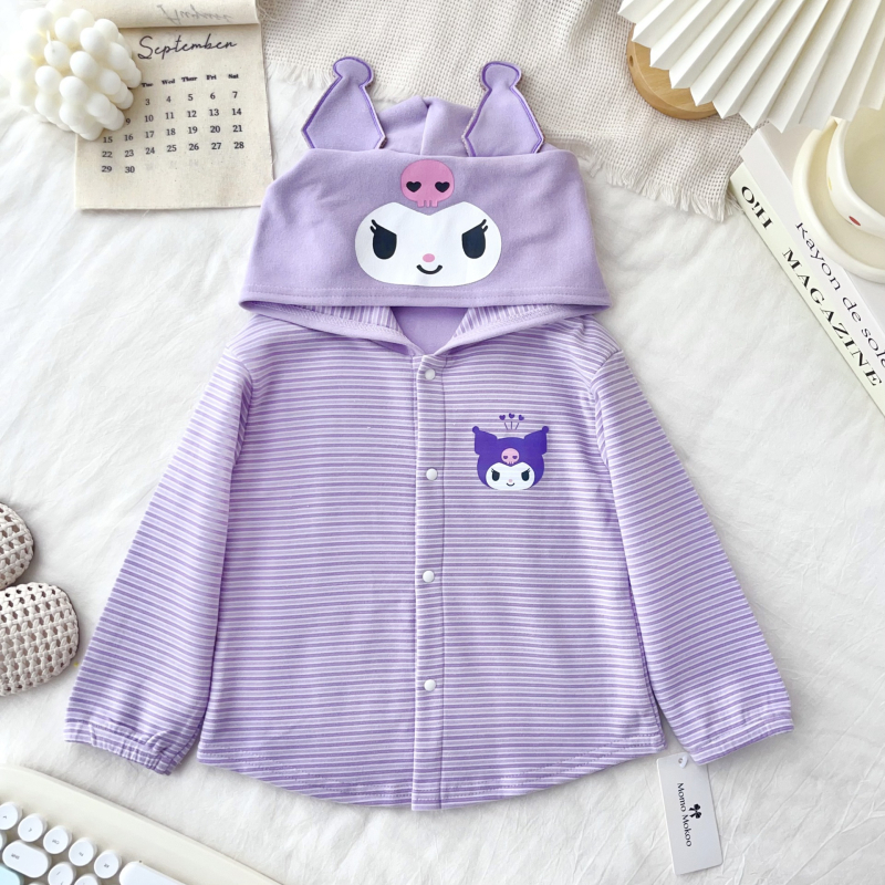 Cardigan pentru copii cu glugă, dungi și motive de desene animate