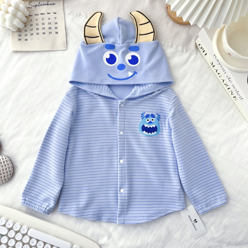 Cardigan pentru copii cu glugă, dungi și motive de desene animate