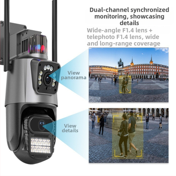 ICSEE Cameră ball wireless de exterior 6MP cu Wi-Fi, lentilă duală, PTZ, monitorizare, detecție de mișcare și de oameni