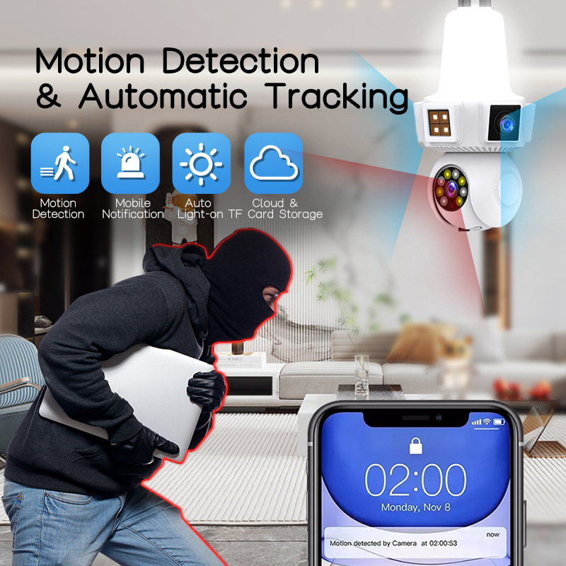 V380Pro Cameră WiFi cu suport de lampă E27, cu două lentile, monitor cu trei canale, 4MP HD