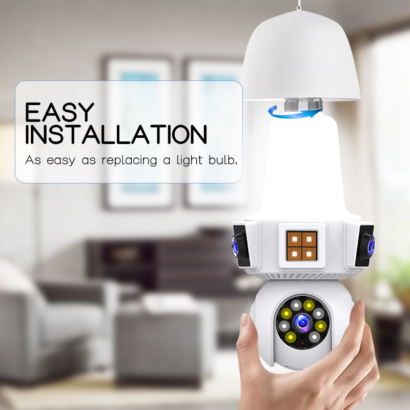 V380Pro Cameră WiFi cu suport de lampă E27, cu două lentile, monitor cu trei canale, 4MP HD