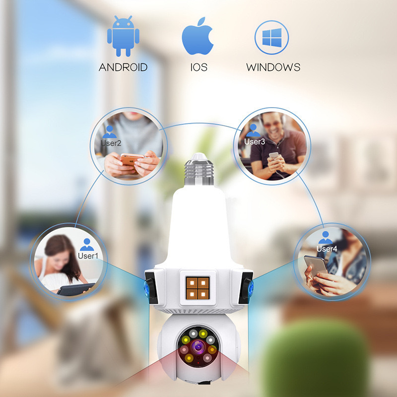 V380Pro Cameră WiFi cu suport de lampă E27, cu două lentile, monitor cu trei canale, 4MP HD