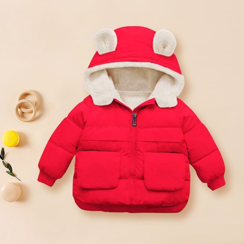 Geacă pentru copii cu căptușeală fleece și glugă, cald pentru iarnă, unisex, pentru copii 3–8 ani, culoare solidă