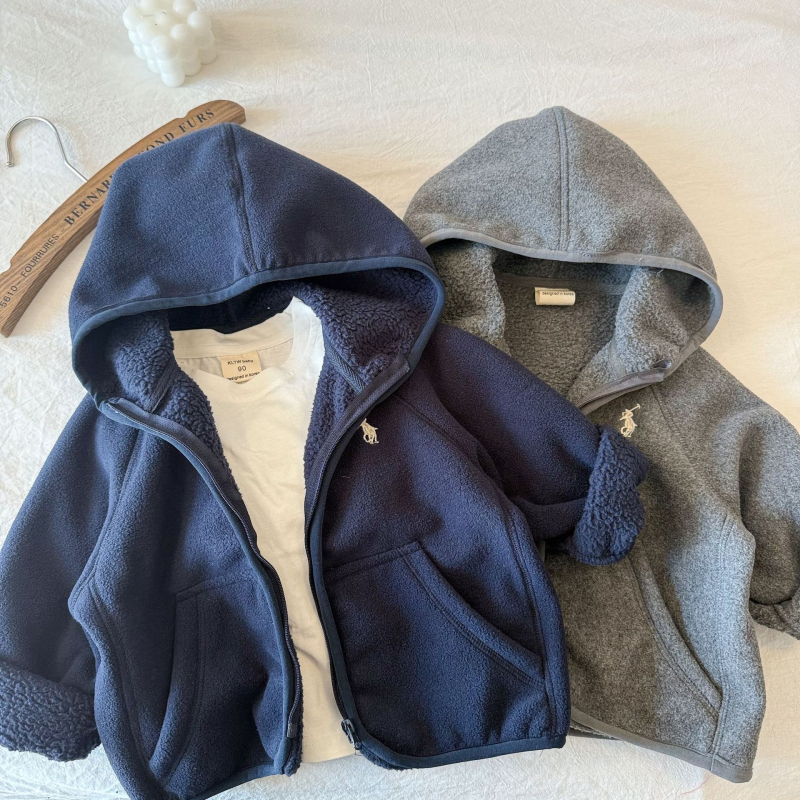 Jachetă de fleece cu glugă pentru copii, iarna 2025, unisex, amestec de lână