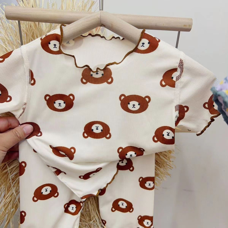 Set de pijamale de vară pentru fete – Ice Silk, imprimeu floral și desen animat, stil coreean
