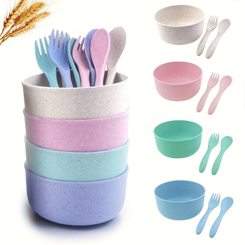 Set de veselă din paie de grâu, 12 piese: boluri, boluri de supă, linguri și furci; design modern minimalist; potrivit pentru microunde; uz casnic