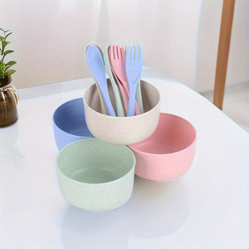 Set de veselă din paie de grâu, 12 piese: boluri, boluri de supă, linguri și furci; design modern minimalist; potrivit pentru microunde; uz casnic