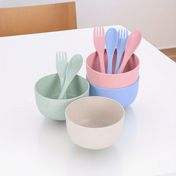Set de veselă din paie de grâu, 12 piese: boluri, boluri de supă, linguri și furci; design modern minimalist; potrivit pentru microunde; uz casnic