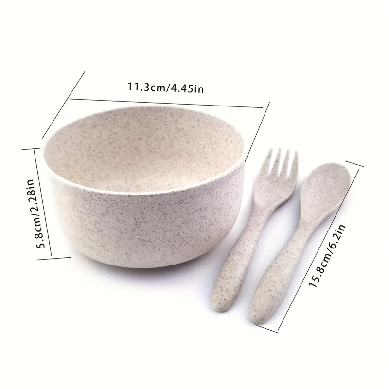 Set de veselă din paie de grâu, 12 piese: boluri, boluri de supă, linguri și furci; design modern minimalist; potrivit pentru microunde; uz casnic