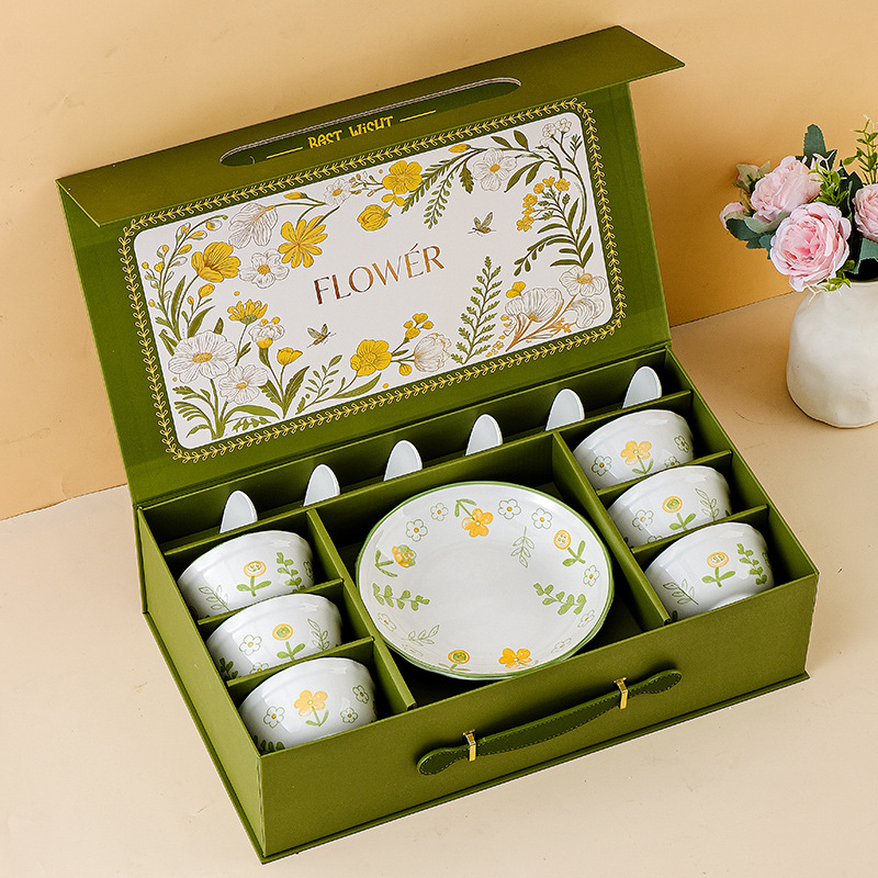 Set boluri și farfurii cu glazură sub glazură florală pentru uz casnic, stil modern minimalist, cadou premium
