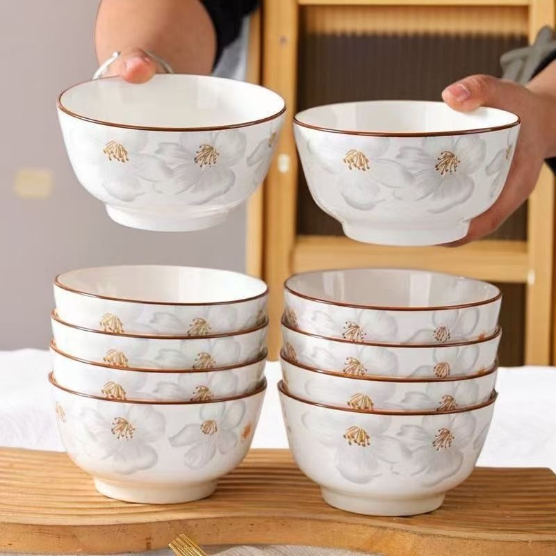 Vas de orez din ceramică cu decor color sub glazură, corp gros, bol de supă pentru uz casnic, model 2025, design modern minimalist