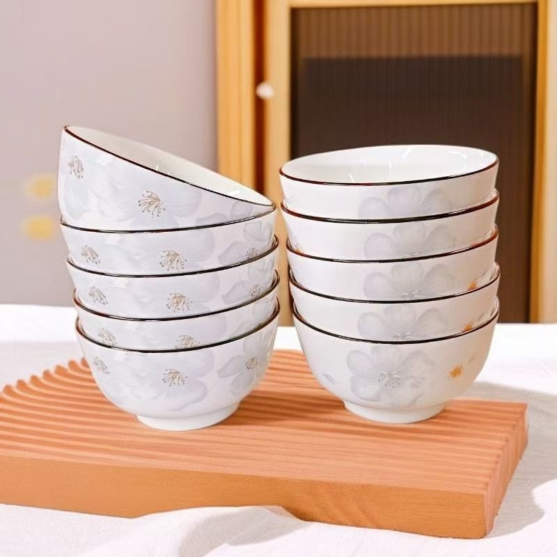 Vas de orez din ceramică cu decor color sub glazură, corp gros, bol de supă pentru uz casnic, model 2025, design modern minimalist