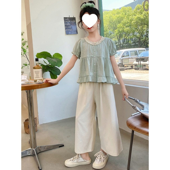 Set de vară pentru fete, două piese, stil coreean, material ușor, top cu mânecă scurtă și pantaloni largi