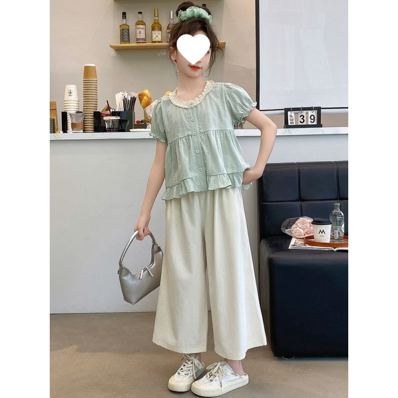 Set de vară pentru fete, două piese, stil coreean, material ușor, top cu mânecă scurtă și pantaloni largi