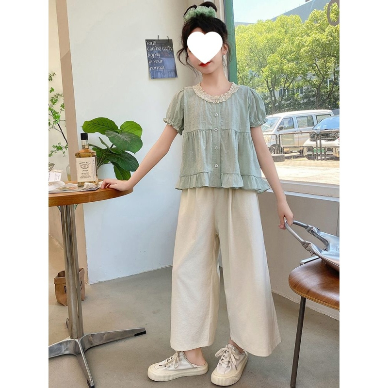 Set de vară pentru fete, două piese, stil coreean, material ușor, top cu mânecă scurtă și pantaloni largi