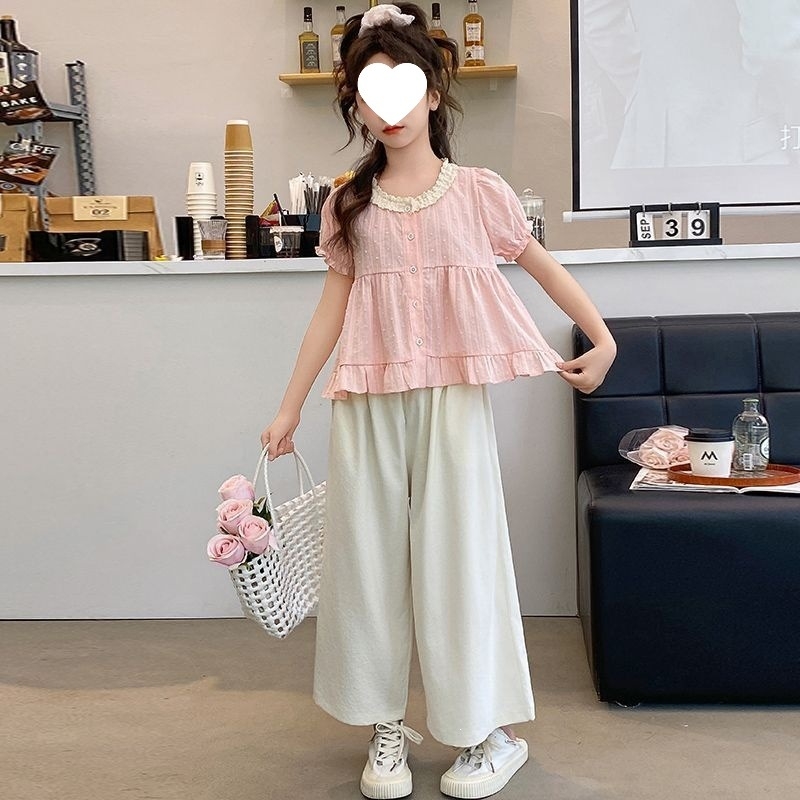Set de vară pentru fete, două piese, stil coreean, material ușor, top cu mânecă scurtă și pantaloni largi