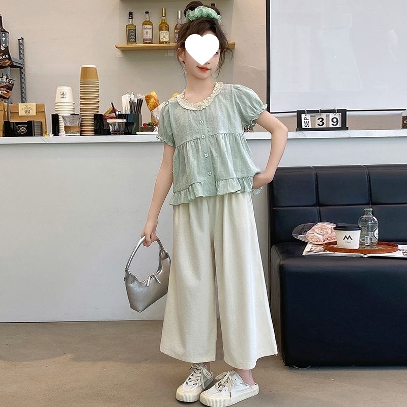 Set de vară pentru fete, două piese, stil coreean, material ușor, top cu mânecă scurtă și pantaloni largi