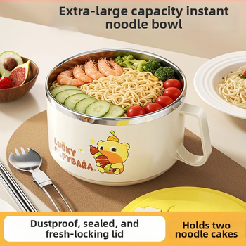 Bol din oțel inoxidabil pentru noodles instant cu capac, cu funcție de scurgere, ideal pentru cămine și cantine