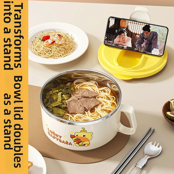 Bol din oțel inoxidabil pentru noodles instant cu capac, cu funcție de scurgere, ideal pentru cămine și cantine